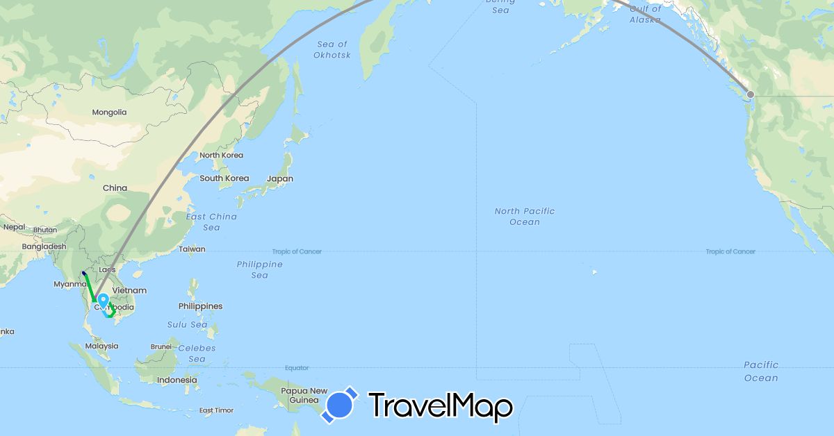 TravelMap itinerary: driving, bus, plane, train, boat, motorbike in Canada, Cambodia, Thailand (Asia, North America)